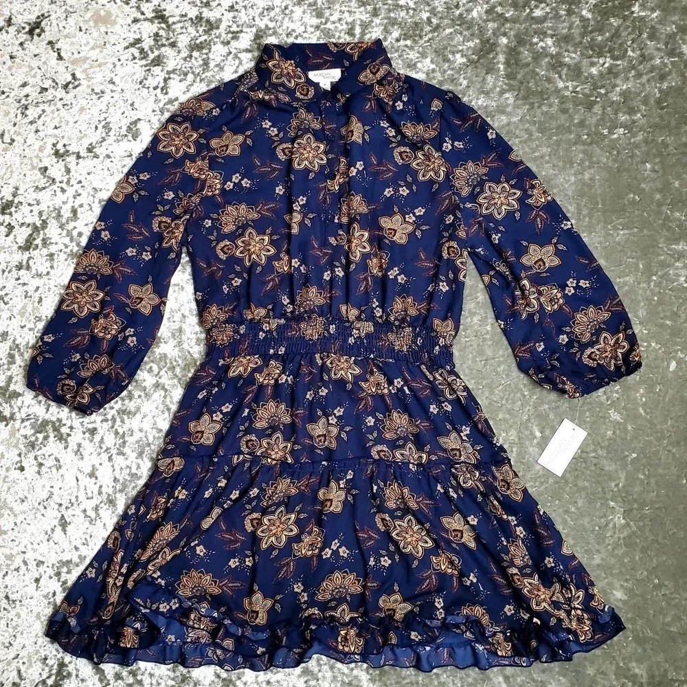 Morgan Taylor Blue Floral Button Front Tiered Dress
